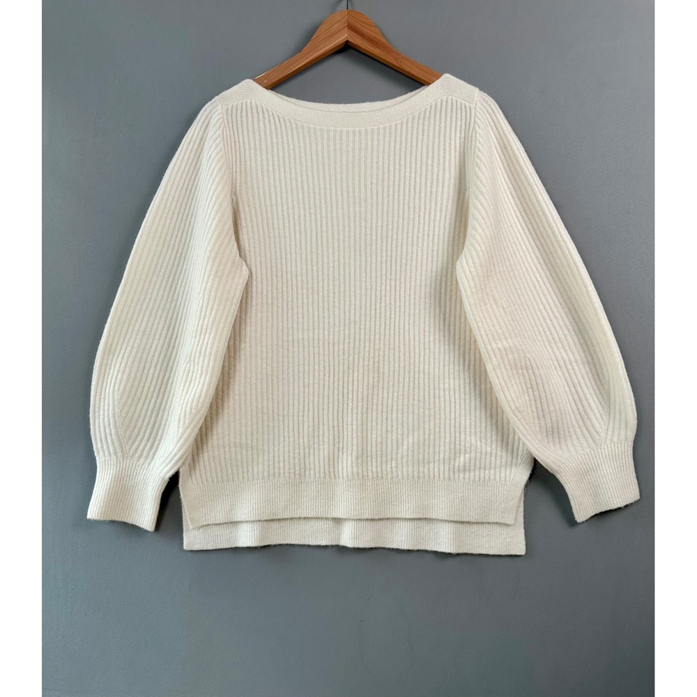 Athleta Merino Wool Blend Ribbed Lantern Sleeve Boat Neck Sweater Cream Large